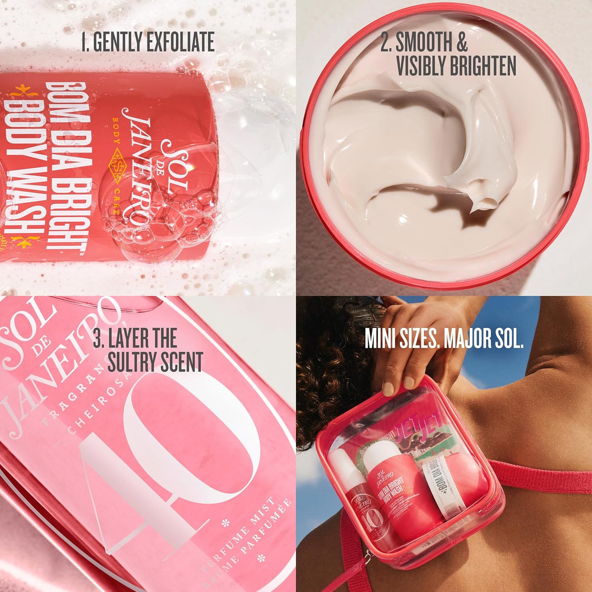  a travel-sized skincare kit with text 'Smoothing & Visibly Brightening Bom Dia Bright Routine to Go'.