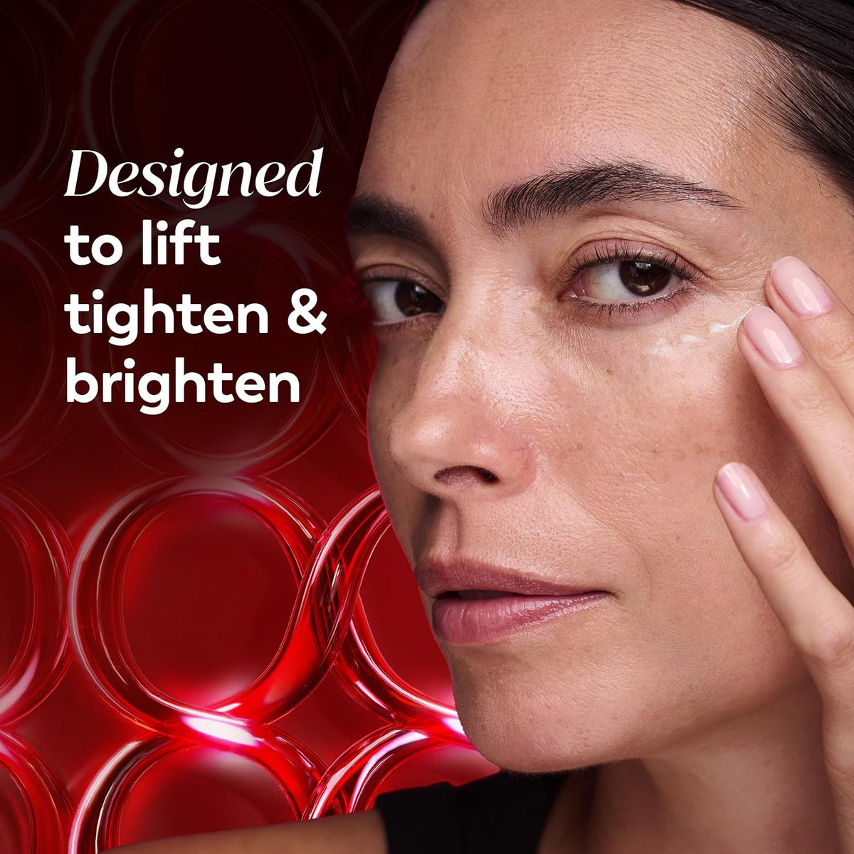 Woman applying cream to her face with red circular elements in the background and text 'Designed to lift tighten & brighten'.
