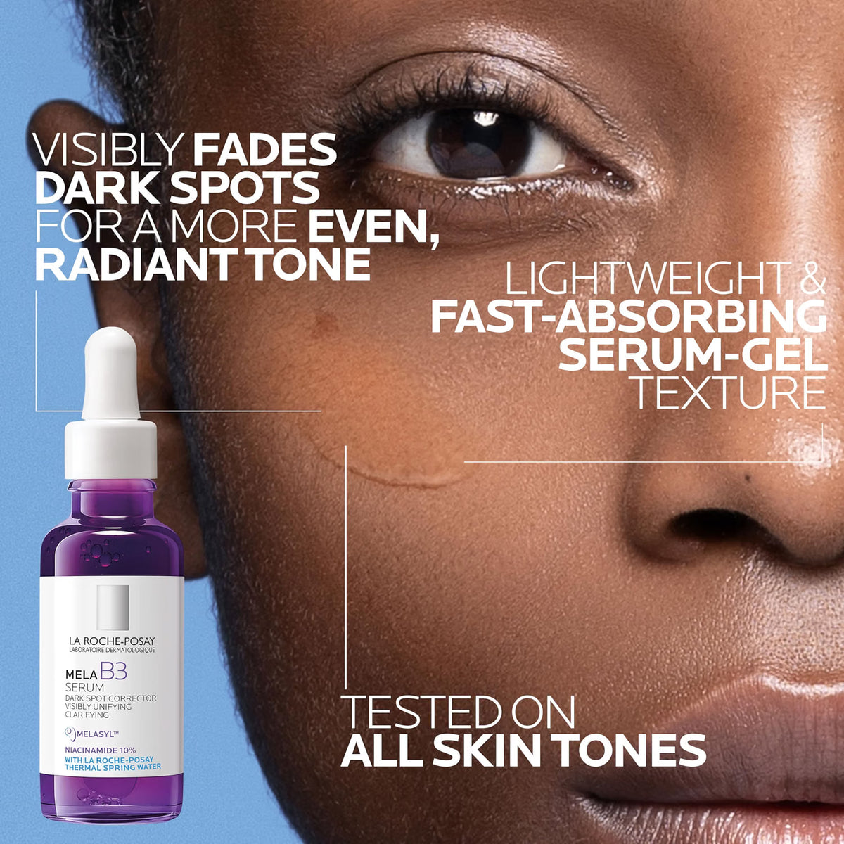 Advertisement for La Roche-Posay MelaB3 serum with a close-up of a person's face and product packaging.
