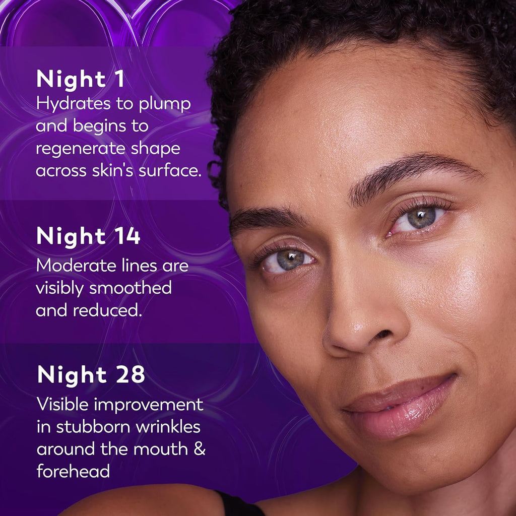 Woman's face with skincare product description on a purple background