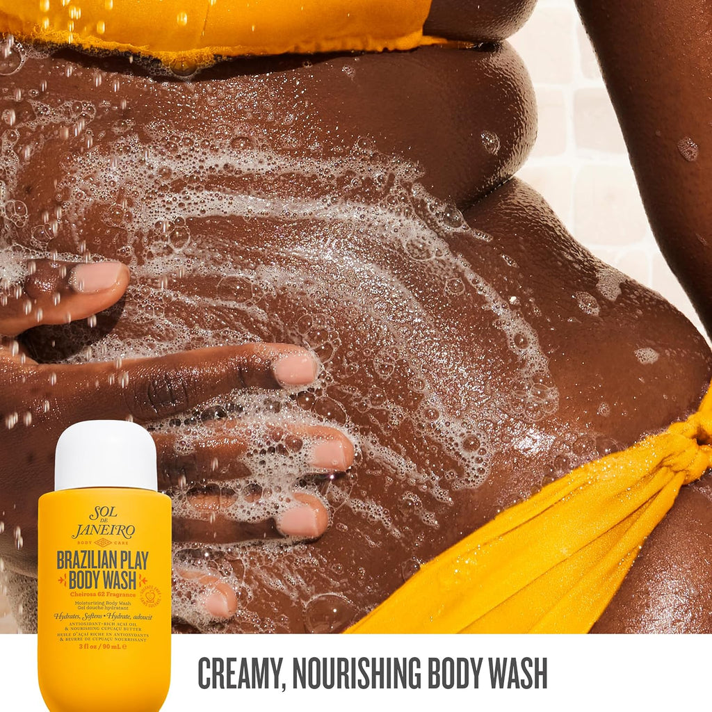 Person using Brazilian Play Body Wash with visible foam and a bottle of the product.