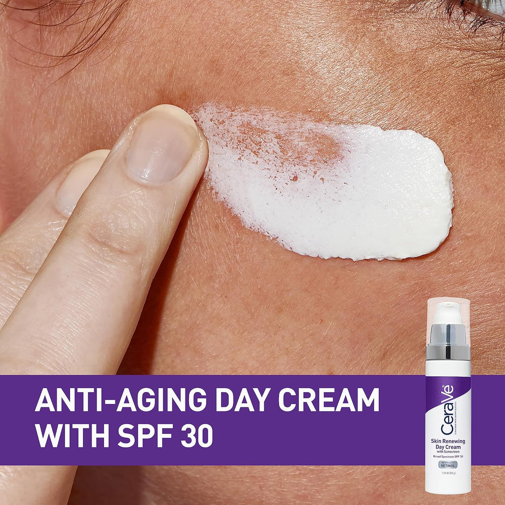 Anti-aging day cream with SPF 30 applied to skin, with a bottle of the product displayed.
