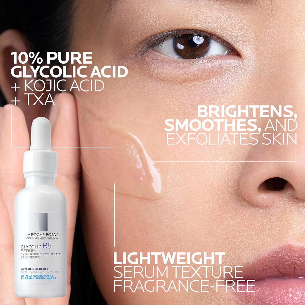 La Roche-Posay serum bottle with text highlighting ingredients and benefits on a close-up of skin.