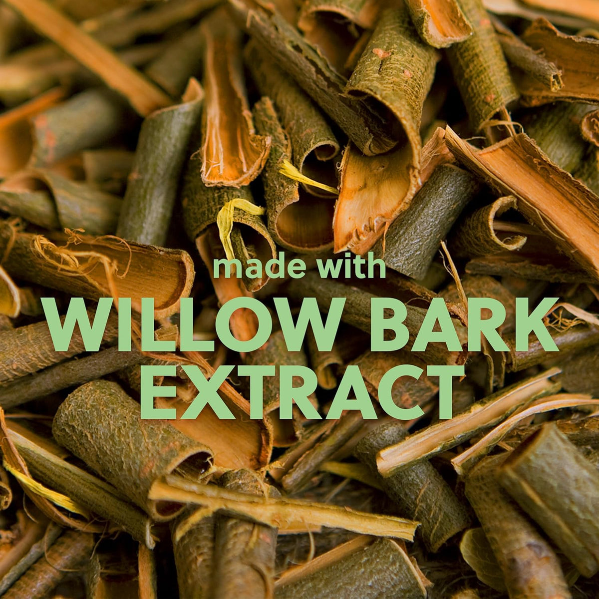 Willow bark extract with text overlay on a close-up of dried willow bark.