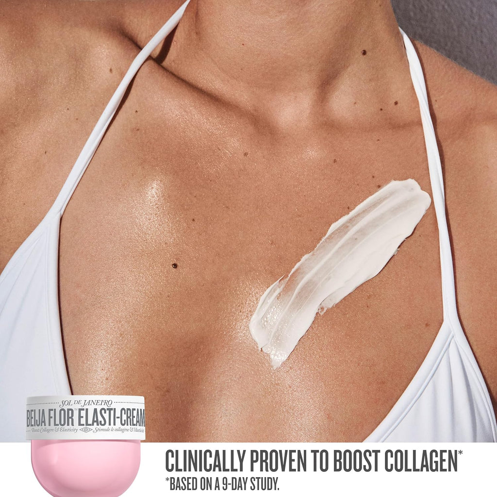 Woman applying Bela Flor Elasti-Cream to her shoulder with a visible product container.