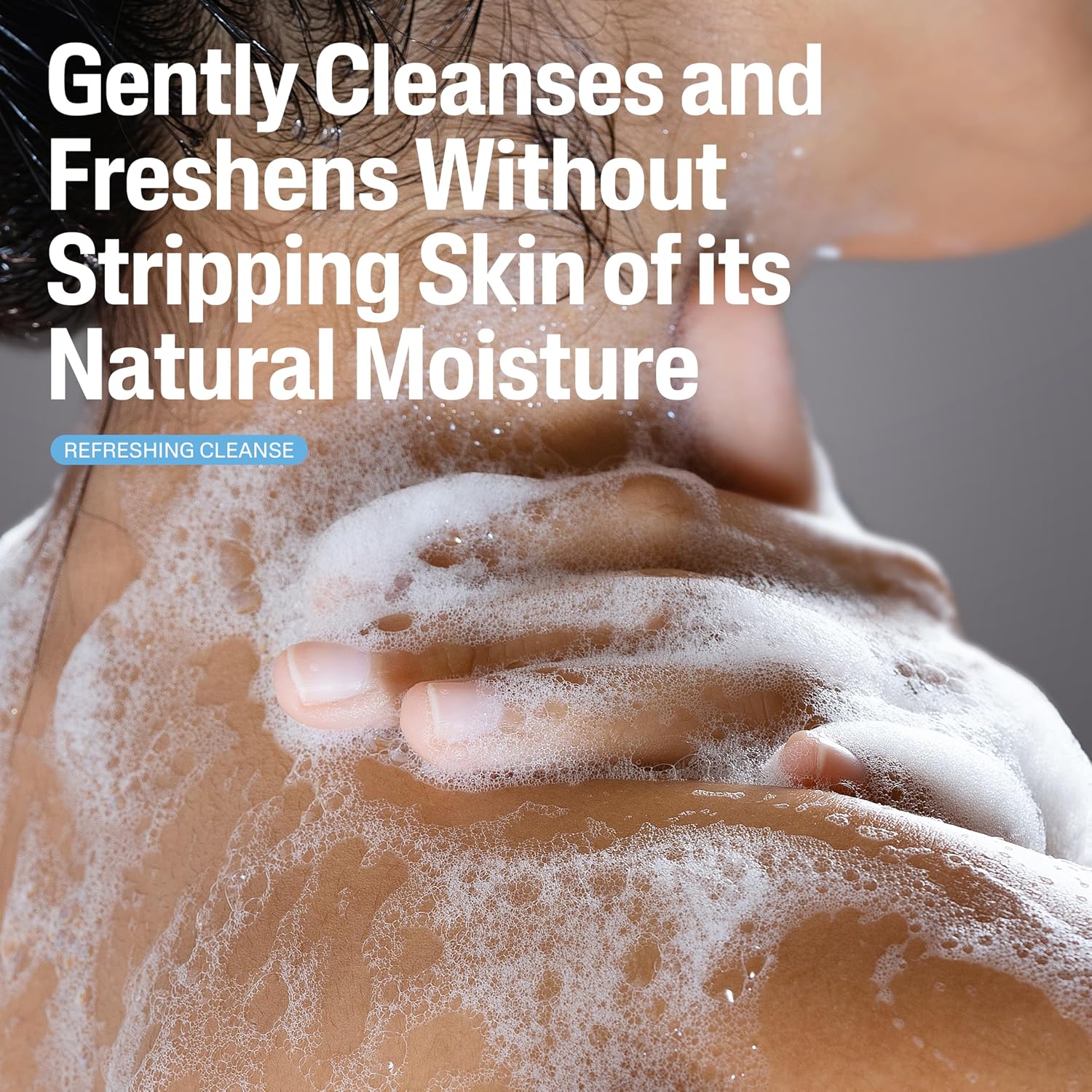 Person washing their face with soap and water, with text about gentle cleansing.