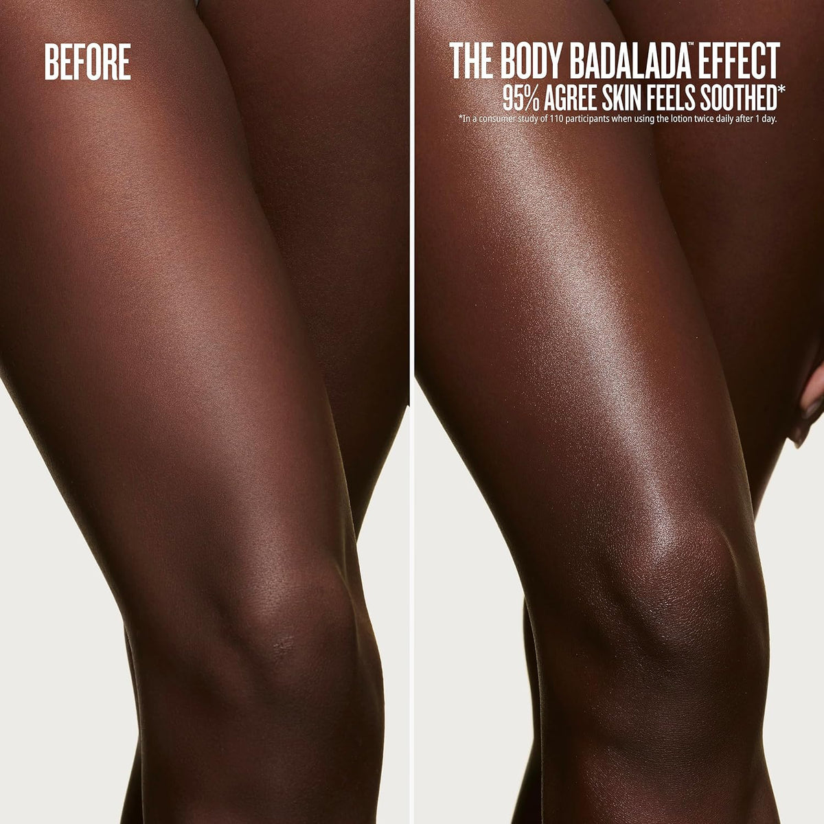 Before and after comparison of legs wearing a product with text about skin feeling soothed.