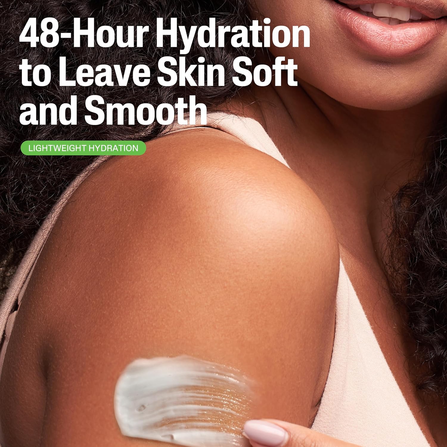 Woman applying a skincare product to her shoulder with text about 48-hour hydration.