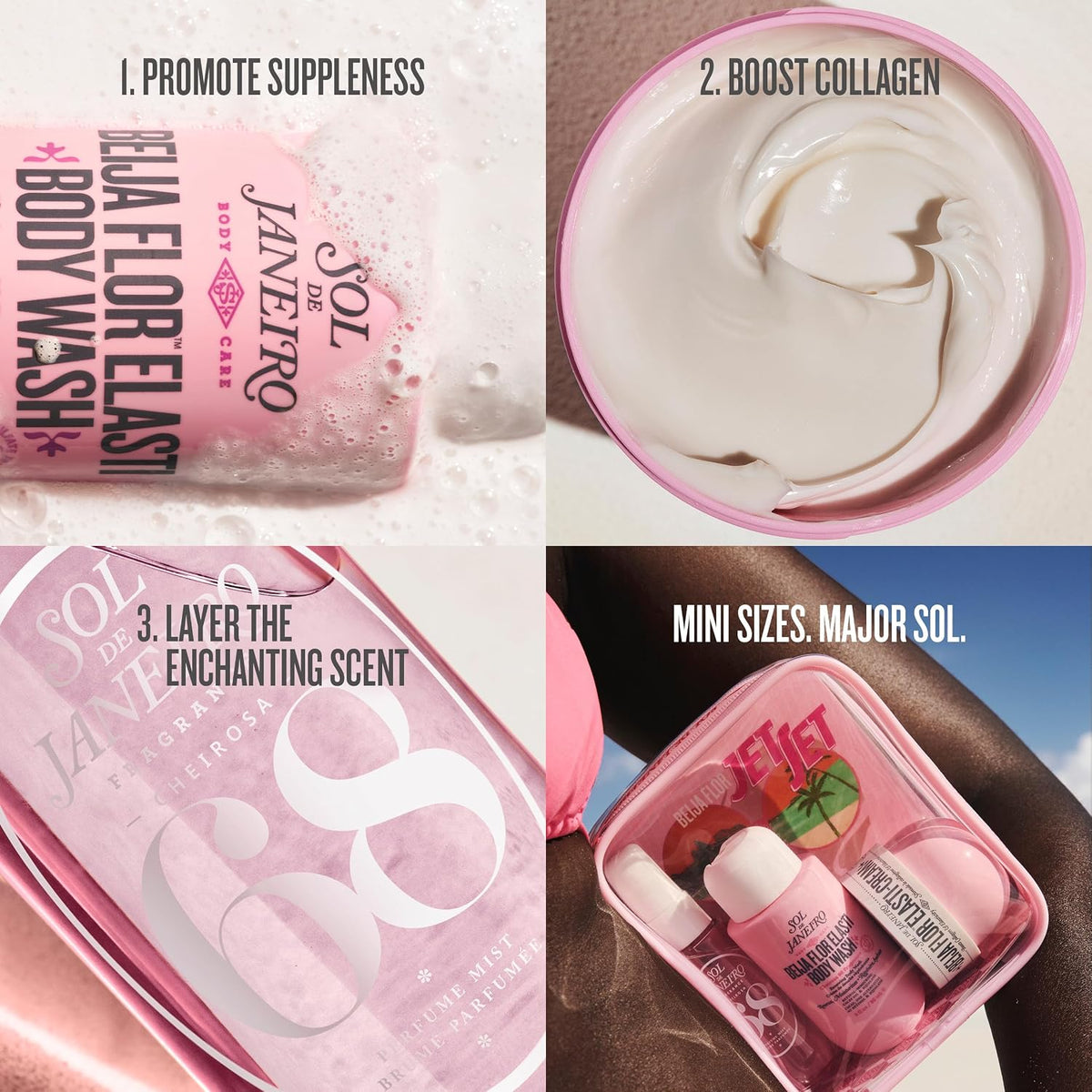 Collage of Sol de Janeiro body wash and products with promotional text.
