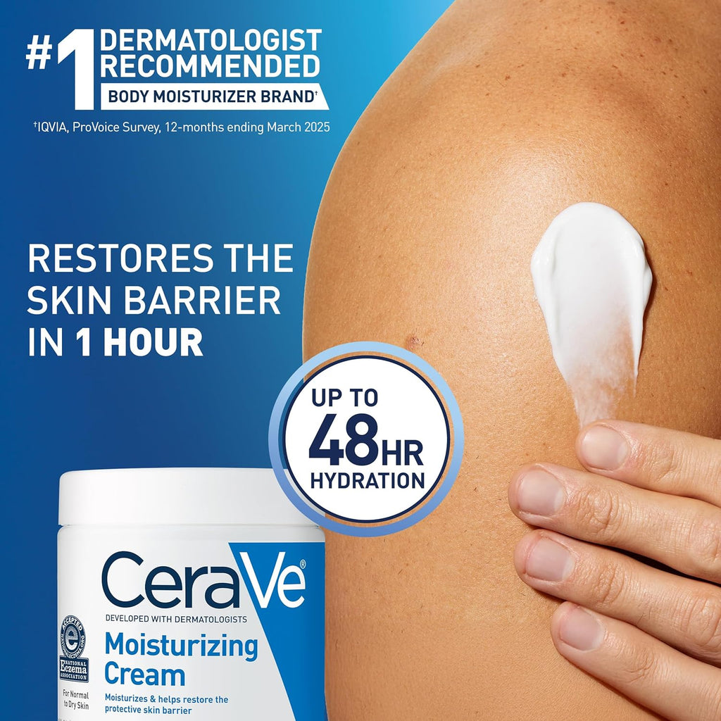 CeraVe moisturizing cream with a hand applying cream to skin, against a blue background.