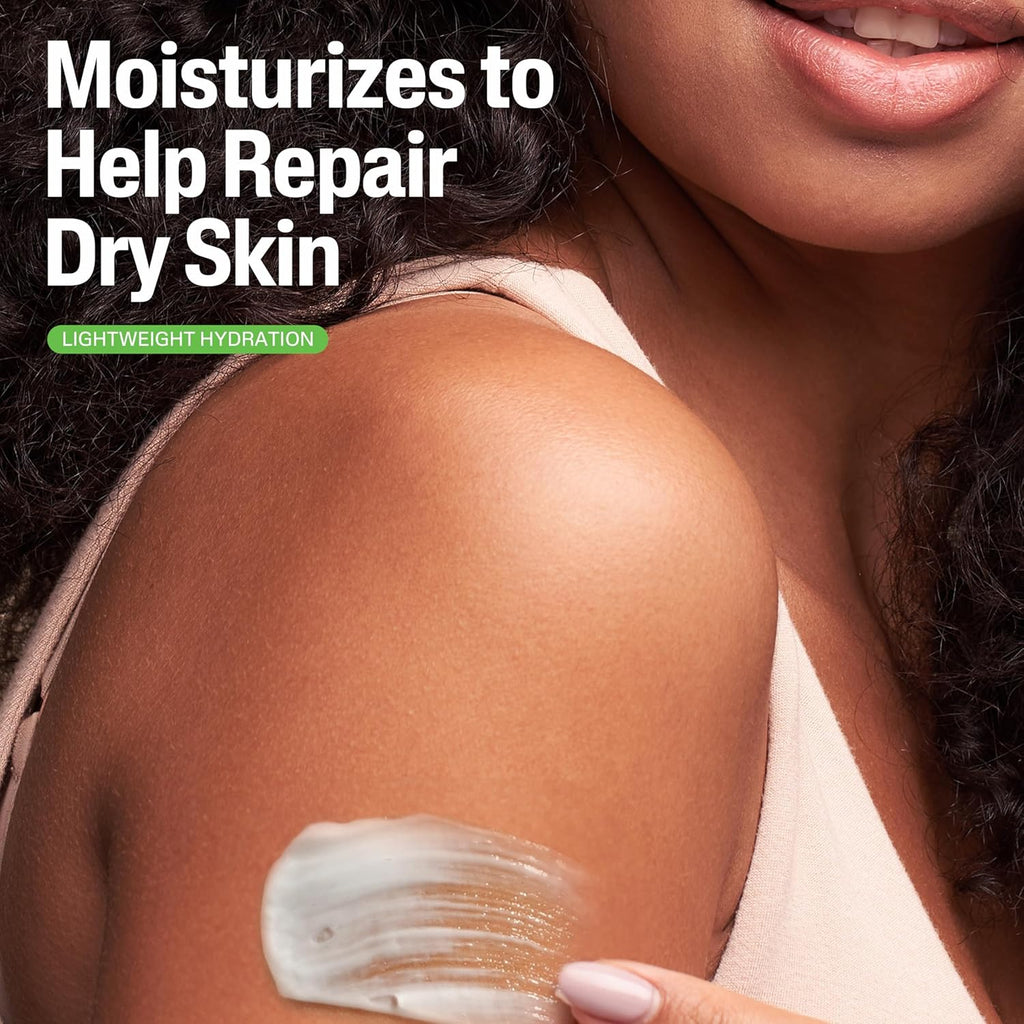 Person applying moisturizer to shoulder with text 'Moisturizes to Help Repair Dry Skin' and 'Lightweight Hydration'.