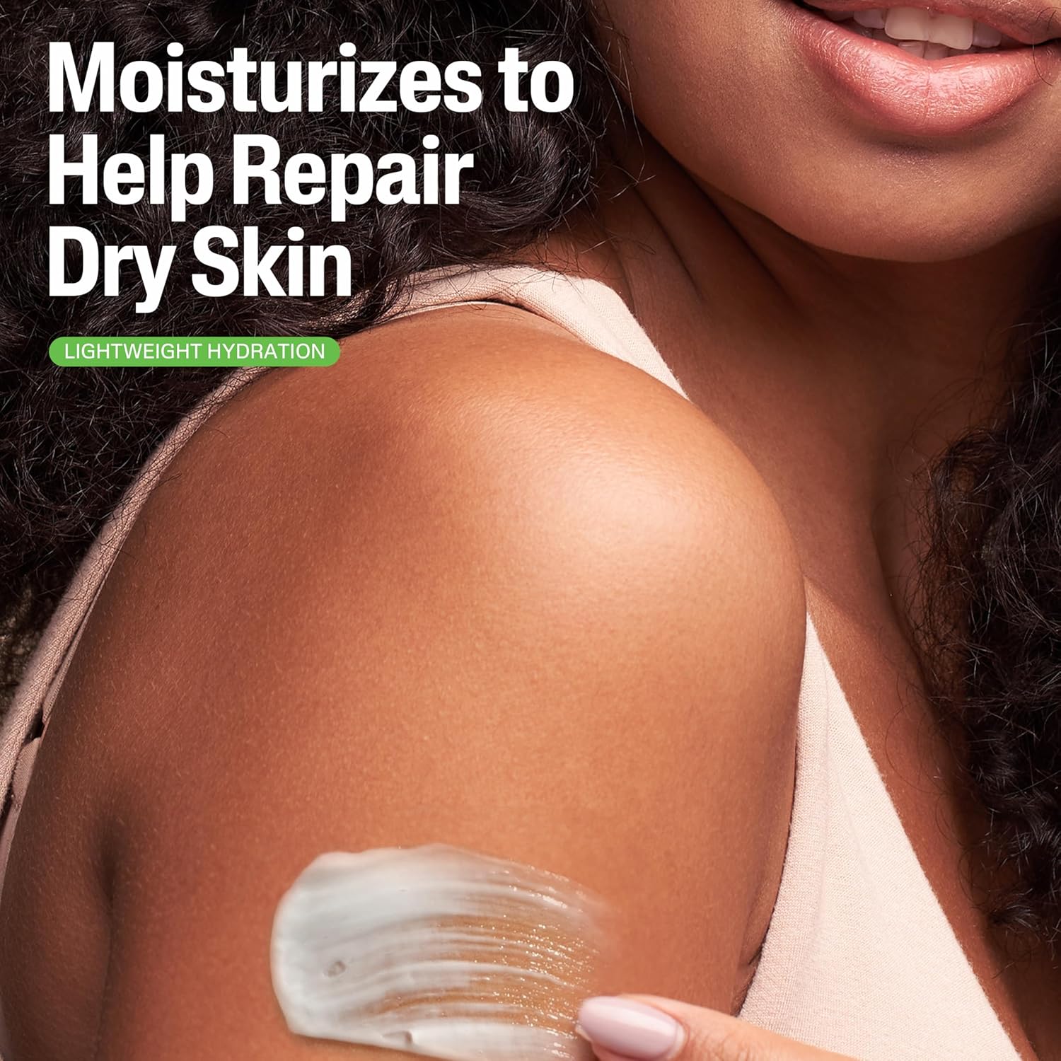Person applying moisturizer to shoulder with text 'Moisturizes to Help Repair Dry Skin' and 'Lightweight Hydration'.
