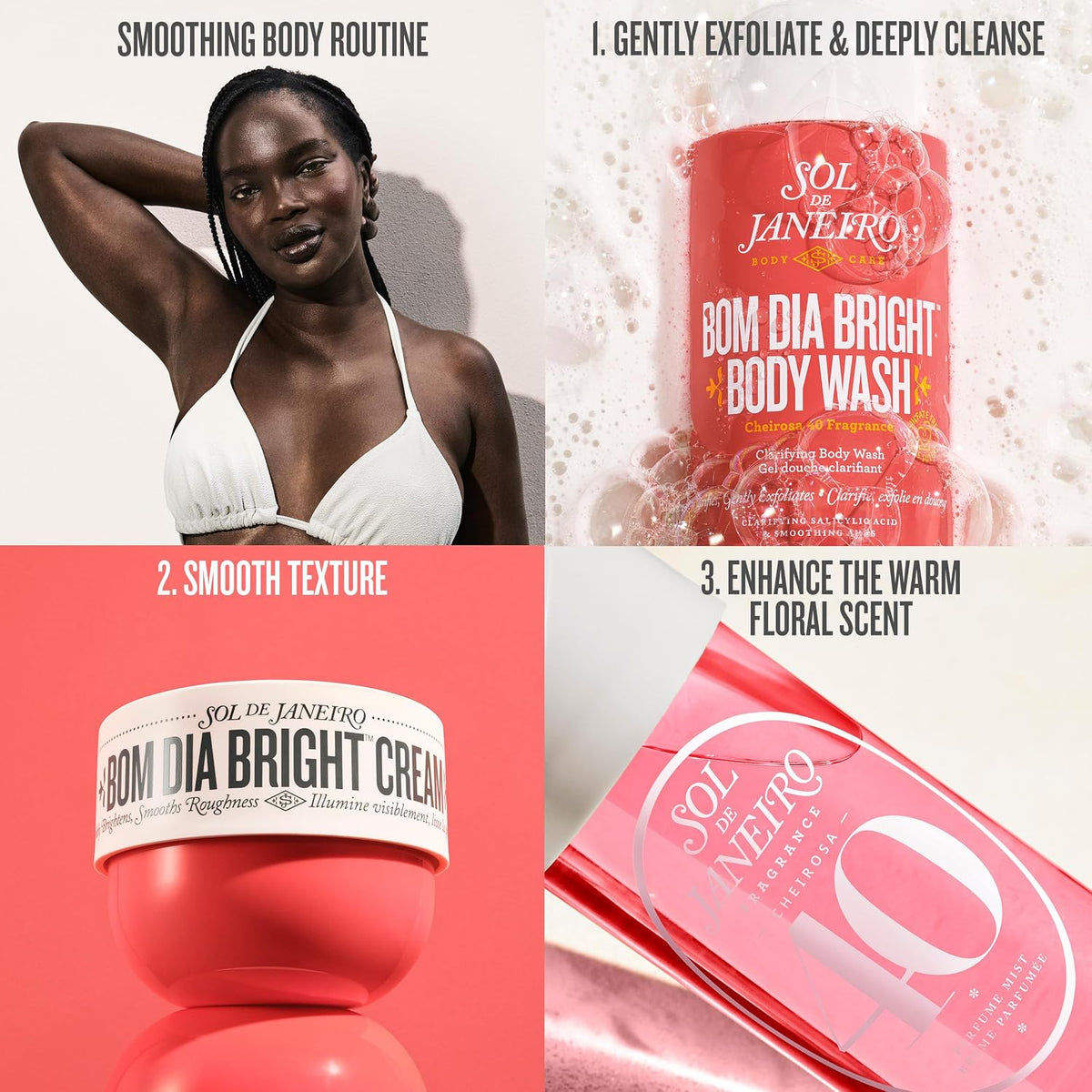 Collage of Sol de Janeiro skincare products with a woman in a white bikini.