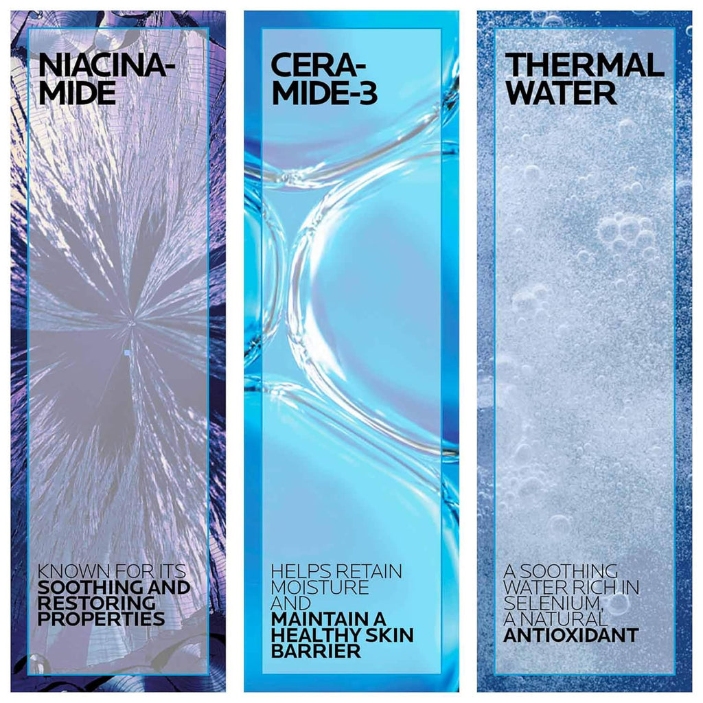 Three vertical product panels labeled 'Niacina-Mide', 'Cera-Mide-3', and 'Thermal Water' with descriptions below each.