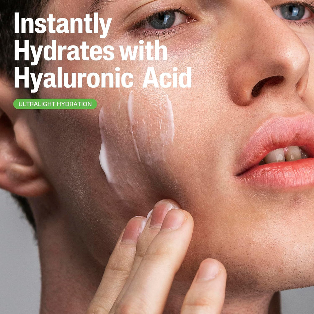 Close-up of a person applying cream to their face with text about hyaluronic acid hydration.