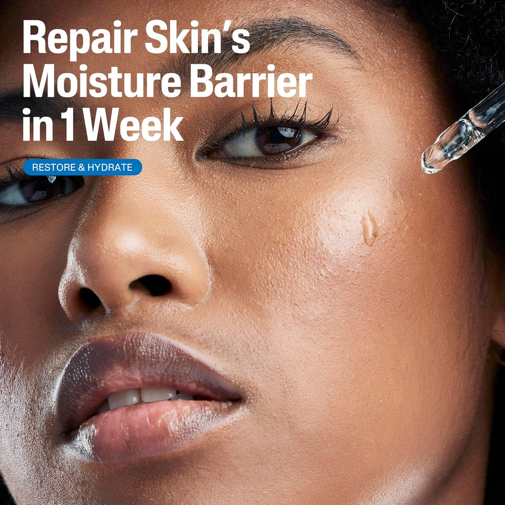 Woman applying skincare product with text about repairing skin's moisture barrier