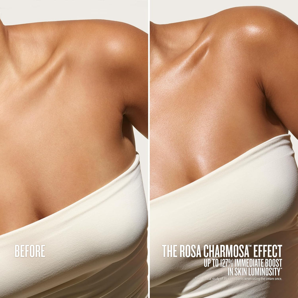 Before and after comparison of a woman's shoulder and arm with text about skin luminosity improvement.