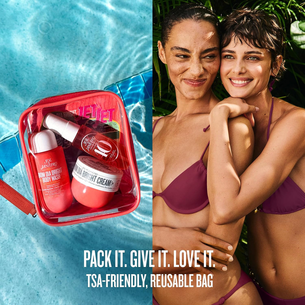 A split promotional image showing a reusable red TSA-friendly bag filled with skincare products on a poolside background on the left, and two women in purple bikinis on the right. Text at the bottom reads, 'PACK IT.