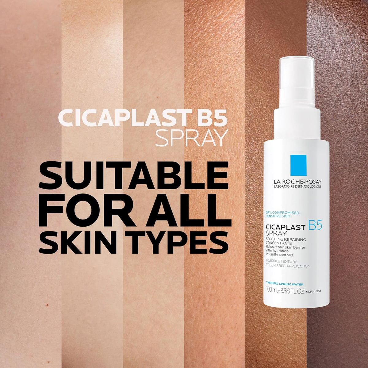 Cicaplast B5 spray bottle on a brown background with text indicating suitability for all skin types.