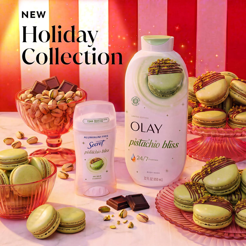 Olay and Fenty Beauty holiday-themed product lineup with pistachio macarons, pistachios, and chocolate bars arranged around Olay Pistachio Bliss lotion and Fenty Beauty Secret moisturizer under a 'NEW Holiday Collection' banner.