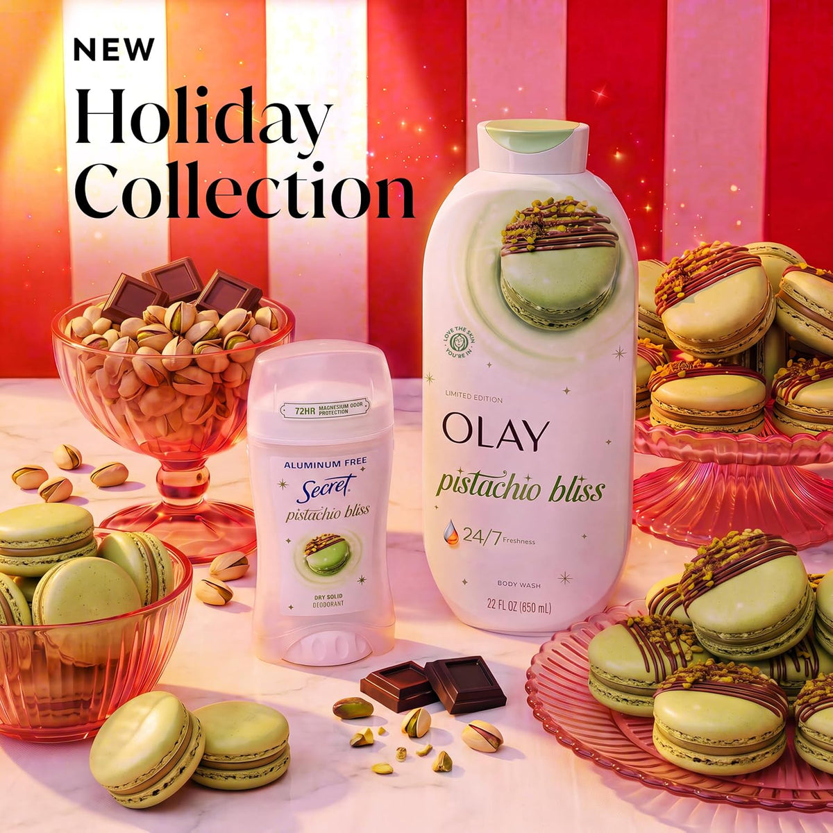 Olay and Fenty Beauty holiday-themed product lineup with pistachio macarons, pistachios, and chocolate bars arranged around Olay Pistachio Bliss lotion and Fenty Beauty Secret moisturizer under a 'NEW Holiday Collection' banner.