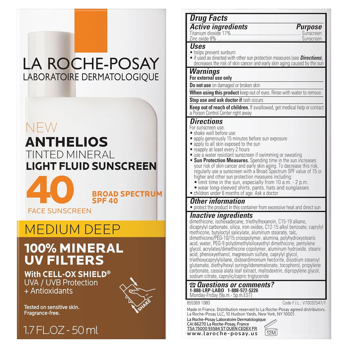 Anthelios Mineral Light Fluid Tinted Sunscreen SPF 40 — Medium/Deep by La Roche-Posay — 50ml (1.7 fl oz)