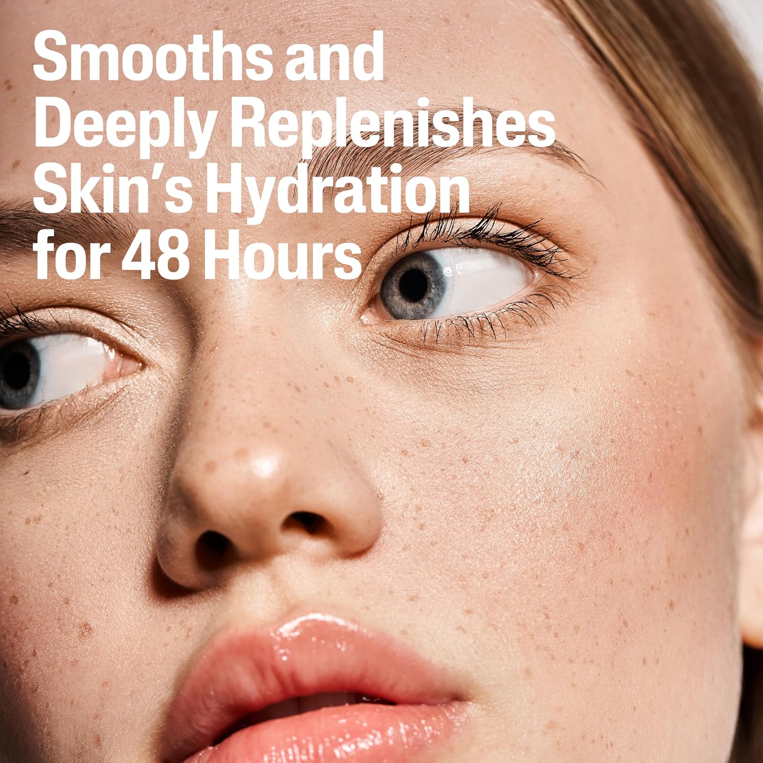 Close-up of a person's face with text about skin hydration