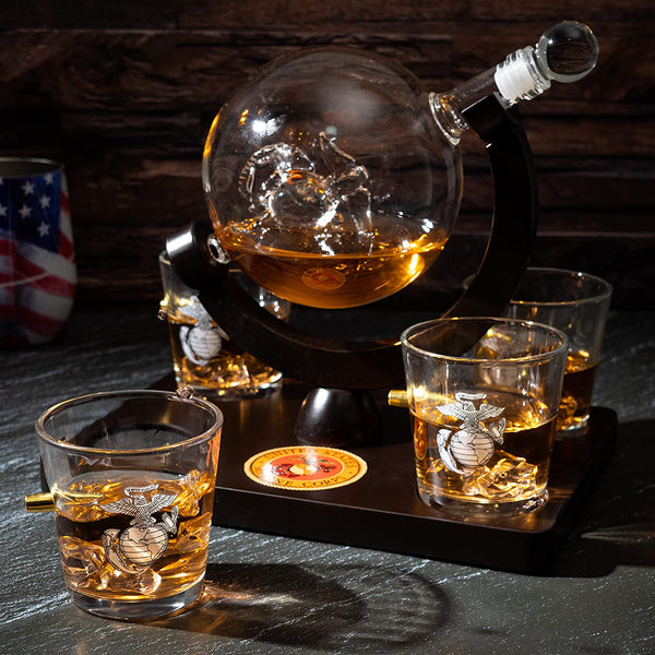 Marine Decanter Set With Four 3 oz Shot Glasses 1000ml Marines Gift Decanter by The Wine Savant - Marine Gifts, Army Gifts, Veteran Gifts