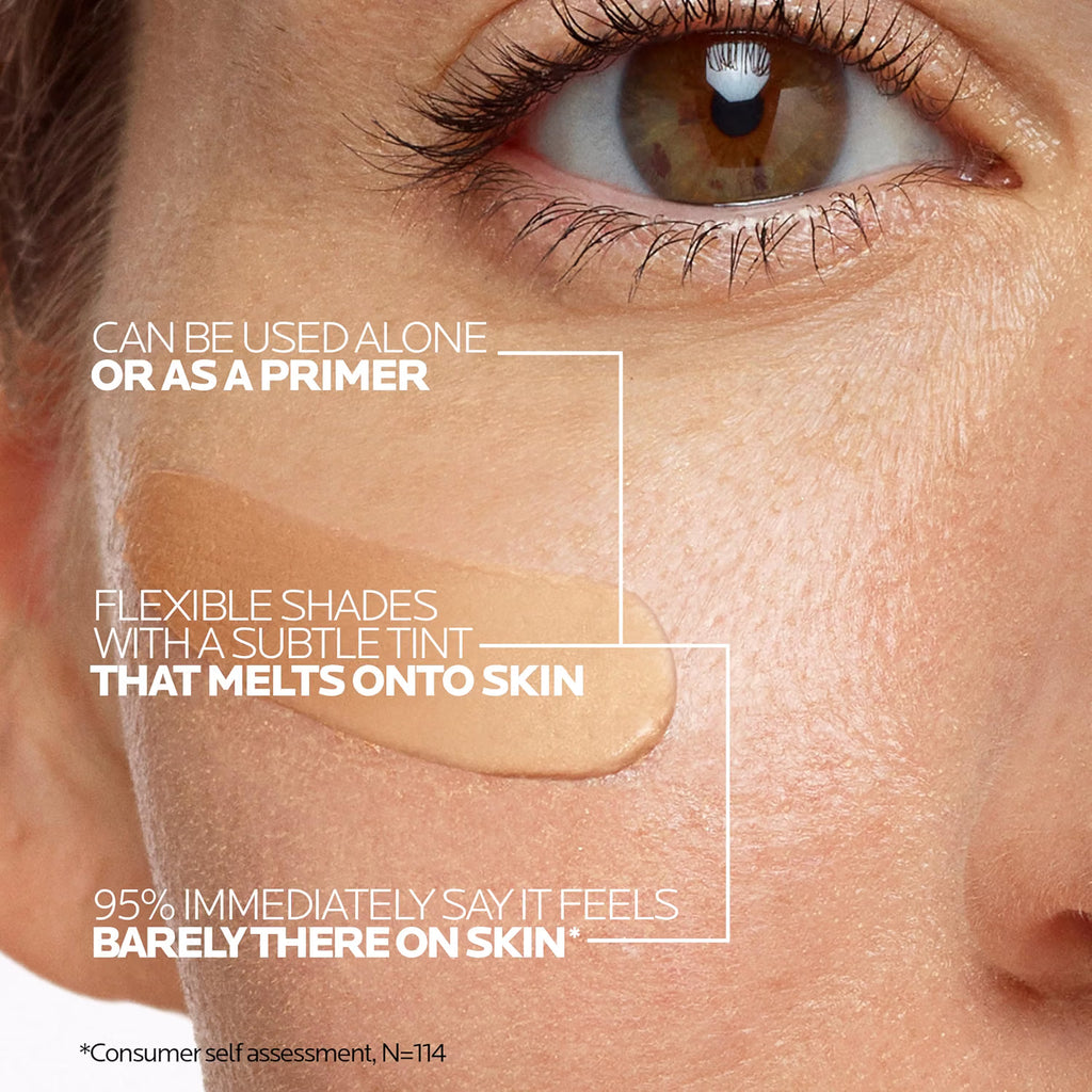 Close-up of a person's eye with makeup application, featuring text about product use.