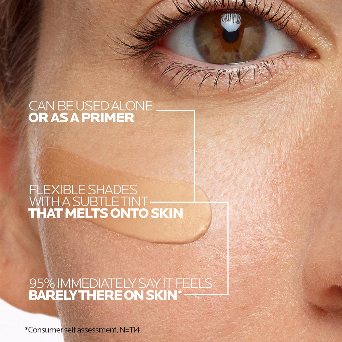 Close-up of a person's eye with makeup application, featuring text about product use.