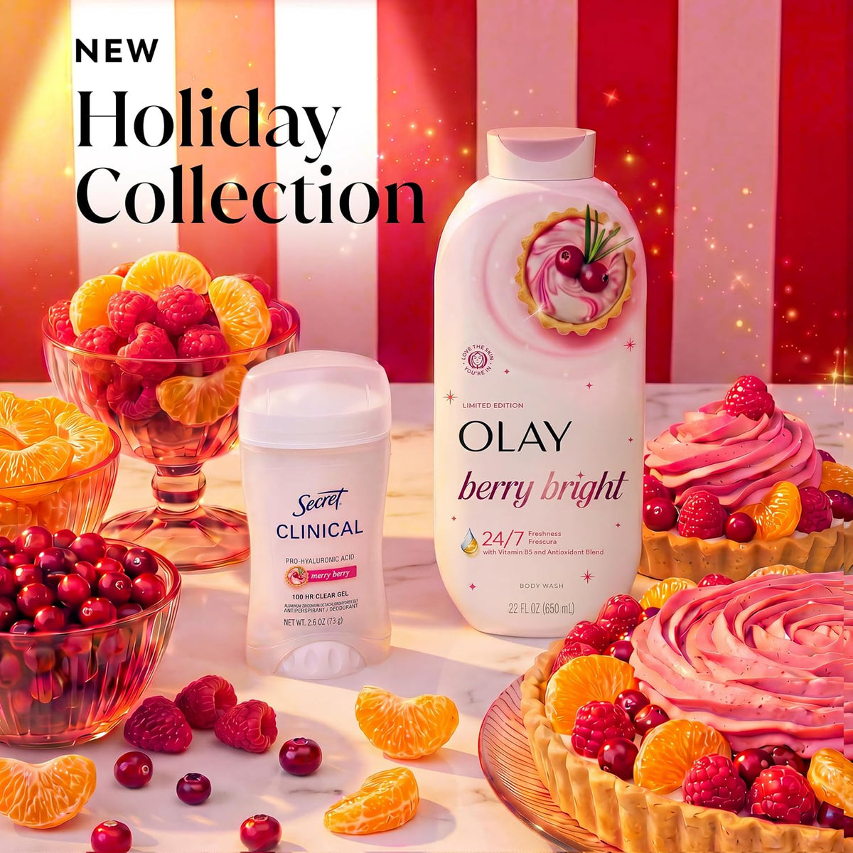 Olay Berry Bright body wash and Secret Clinical antiperspirant shown in a festive holiday collection advertisement with pink and white striped background, surrounded by fresh berries, oranges, and fruit tarts.