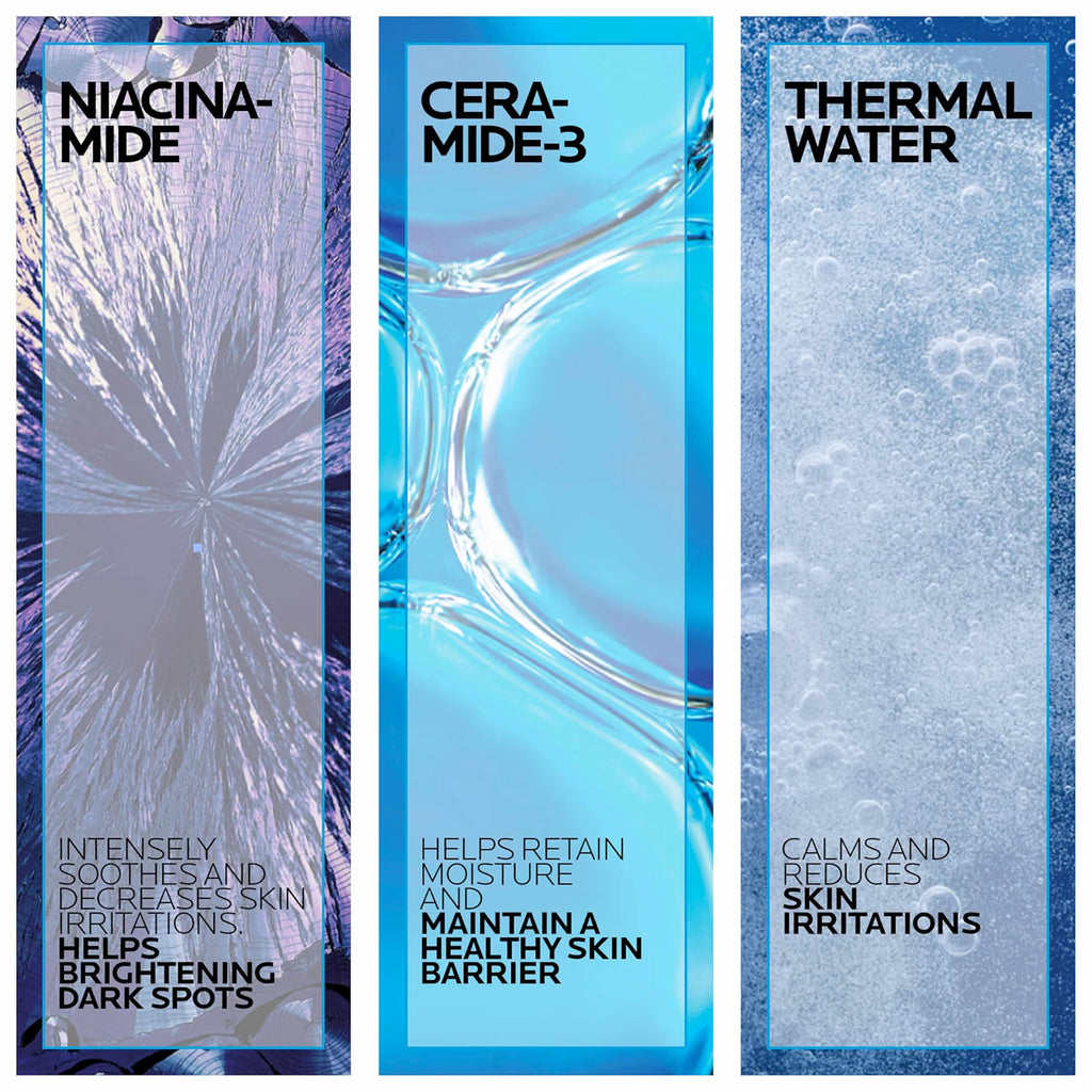 Three skincare product packages labeled 'Niacina-Mide', 'Cera-Mide-3', and 'Thermal Water' with descriptive text.