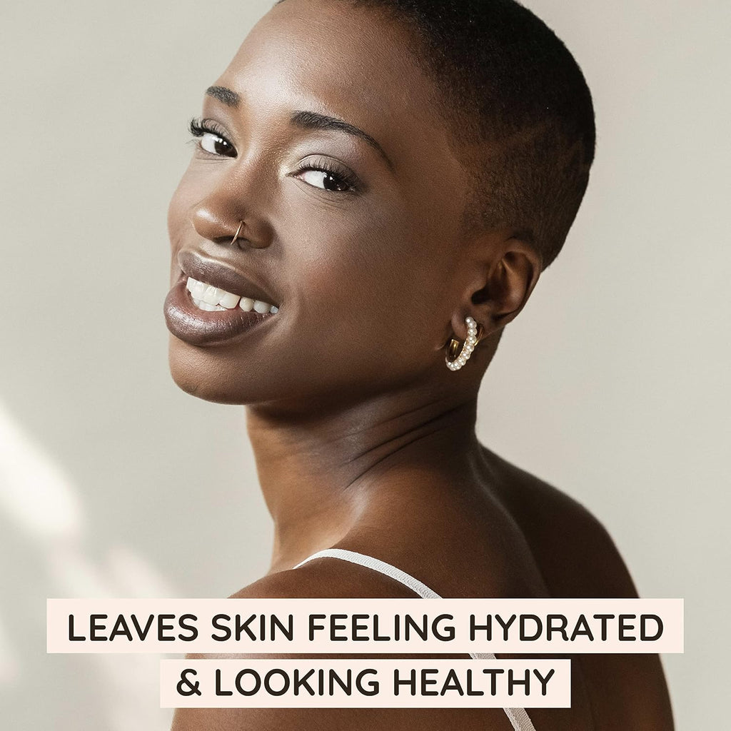 Woman with a short haircut and hoop earrings, with text about skin hydration.