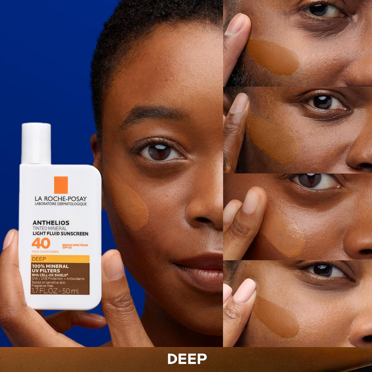 La Roche-Posay sunscreen bottle with a person applying it on their face against a blue background.