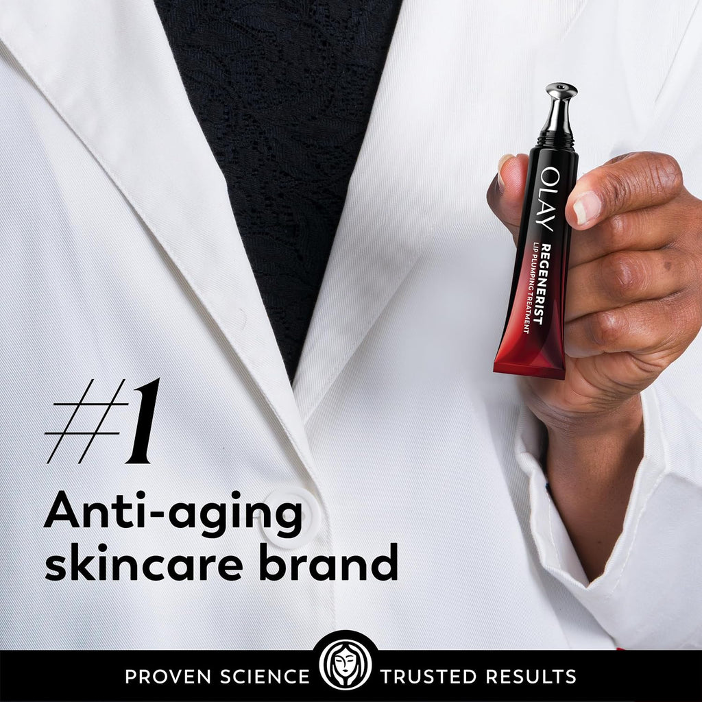 Person holding a Olay Regenerist skincare product with text about being the number one anti-aging skincare brand.