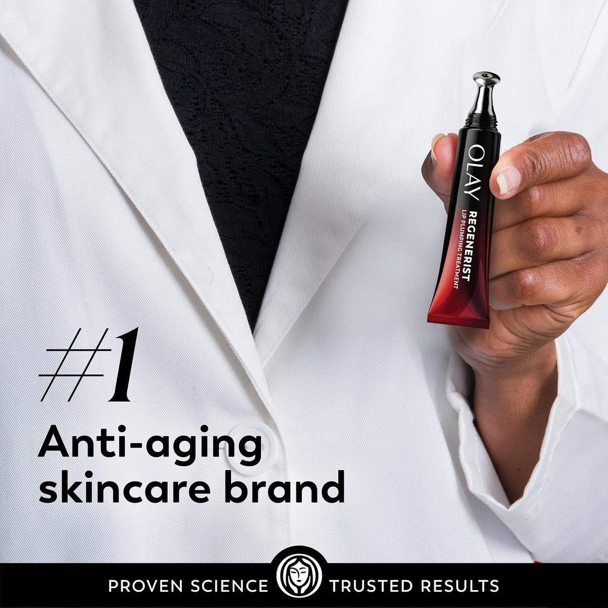 Person holding a Olay Regenerist skincare product with text about being the number one anti-aging skincare brand.