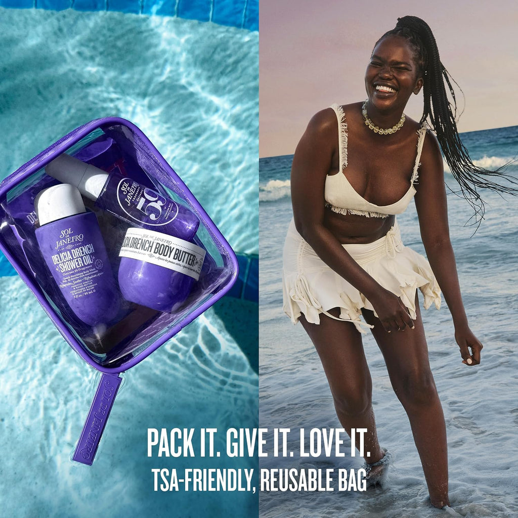 TSA-friendly reusable bag with beach products and a woman at the beach.