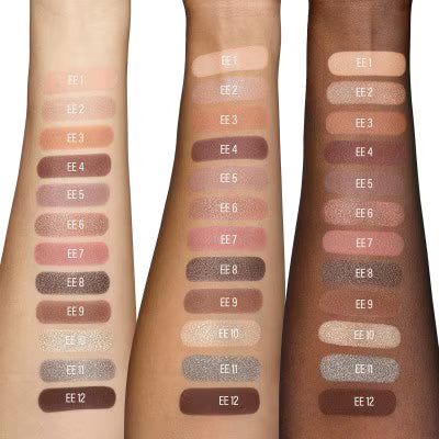 Three arms with swatches of makeup colors labeled EE1 to EE12 on a white background.