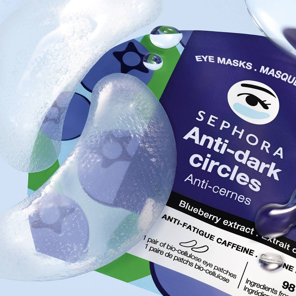 Sephora Anti-dark circles eye masks with packaging on a light blue background