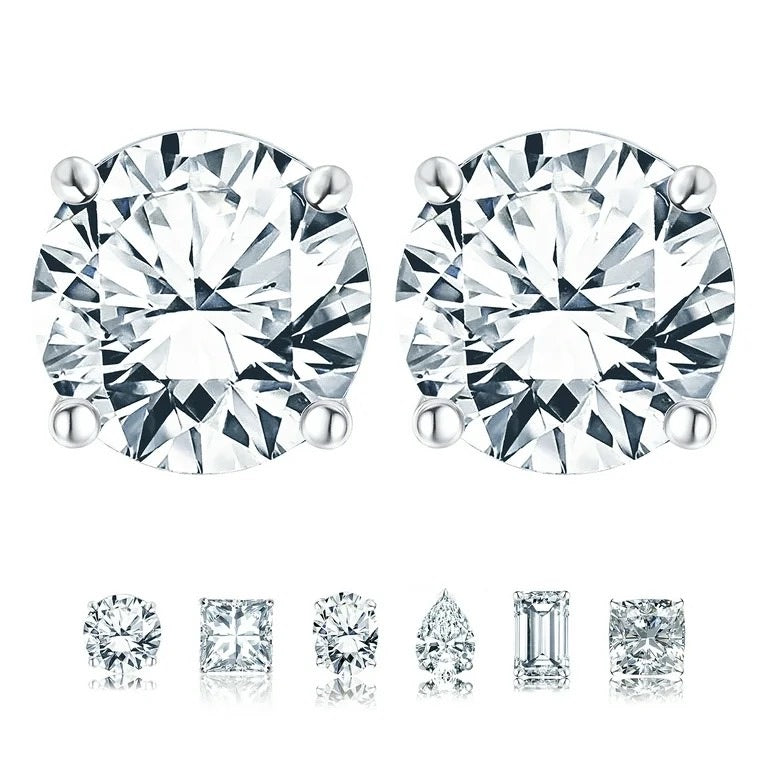 4 prong 2 Carat Round Shaped Moissanite Solitaire Stud Earrings in 18k White Gold Plating for Women