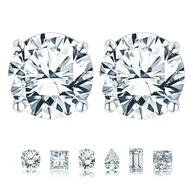 4 prong 2 Carat Round Shaped Moissanite Solitaire Stud Earrings in 18k White Gold Plating for Women
