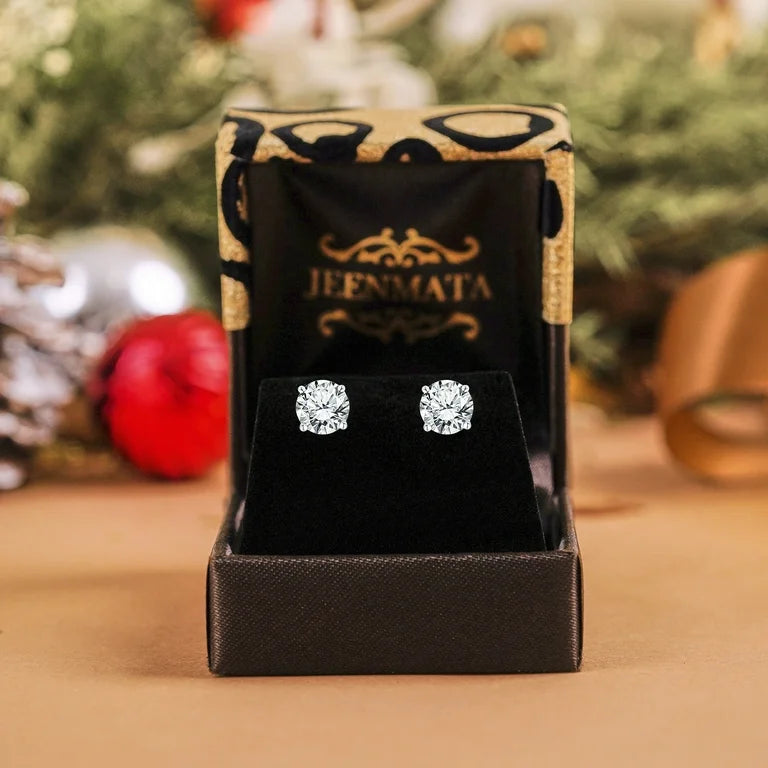 4 prong 2 Carat Round Shaped Moissanite Solitaire Stud Earrings in 18k White Gold Plating for Women