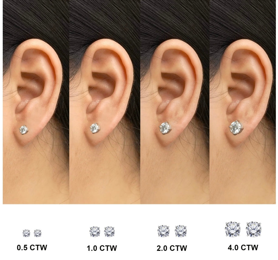 4 prong 2 Carat Round Shaped Moissanite Solitaire Stud Earrings in 18k White Gold Plating for Women