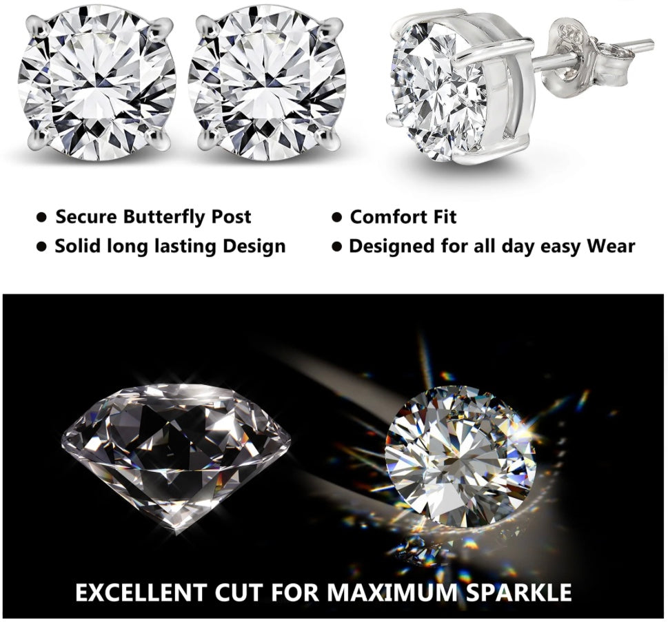 4 prong 2 Carat Round Shaped Moissanite Solitaire Stud Earrings in 18k White Gold Plating for Women