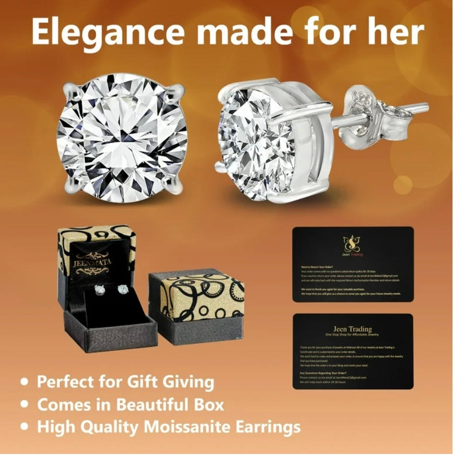 4 prong 2 Carat Round Shaped Moissanite Solitaire Stud Earrings in 18k White Gold Plating for Women