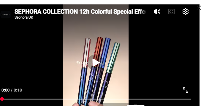 A video screenshot showing four Sephora collection lip liner pens in metallic blue, rose gold, and green shades, held by a hand against a beige gradient background. The video player interface is visible, with the title 'SEPHORA COLLECTION 12h Colorful Special Effect' and 'Sephora UK' at the top.
