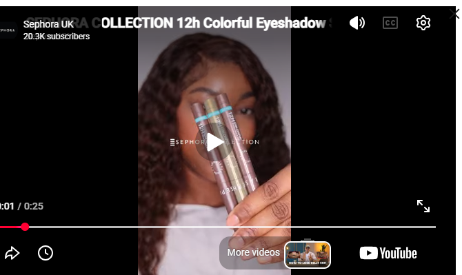 A screenshot of a YouTube video showing a person holding two Sephora eyeshadow tubes, with Sephora branding and video player interface elements visible.