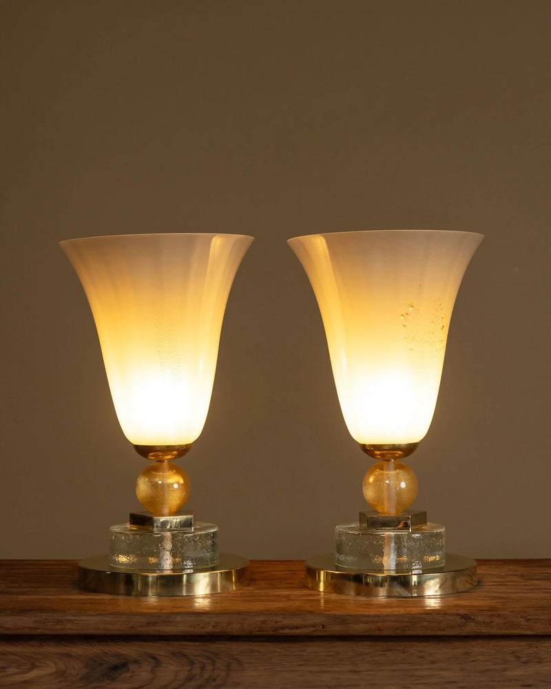 <p>Contemporary Murano Glass & Brass Torchiere Table Lamps, Italy (2 Available)</p>