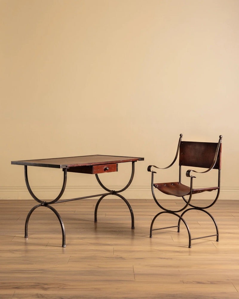 <h6><strong>French Iron and Leather Desk and Chair Set in the Manner of Jansen, 1950s</strong></h6>