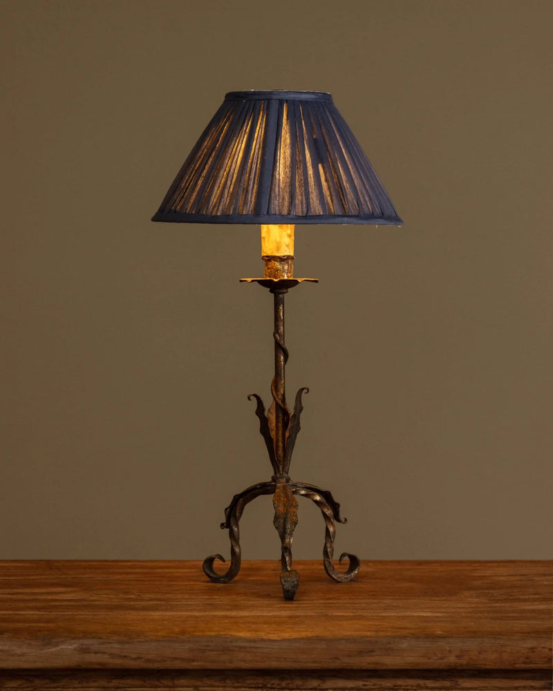<p><strong>French Tole Leaf Tripod Table Lamp w/ Pleated Fabric Shade, 1940's</strong></p>